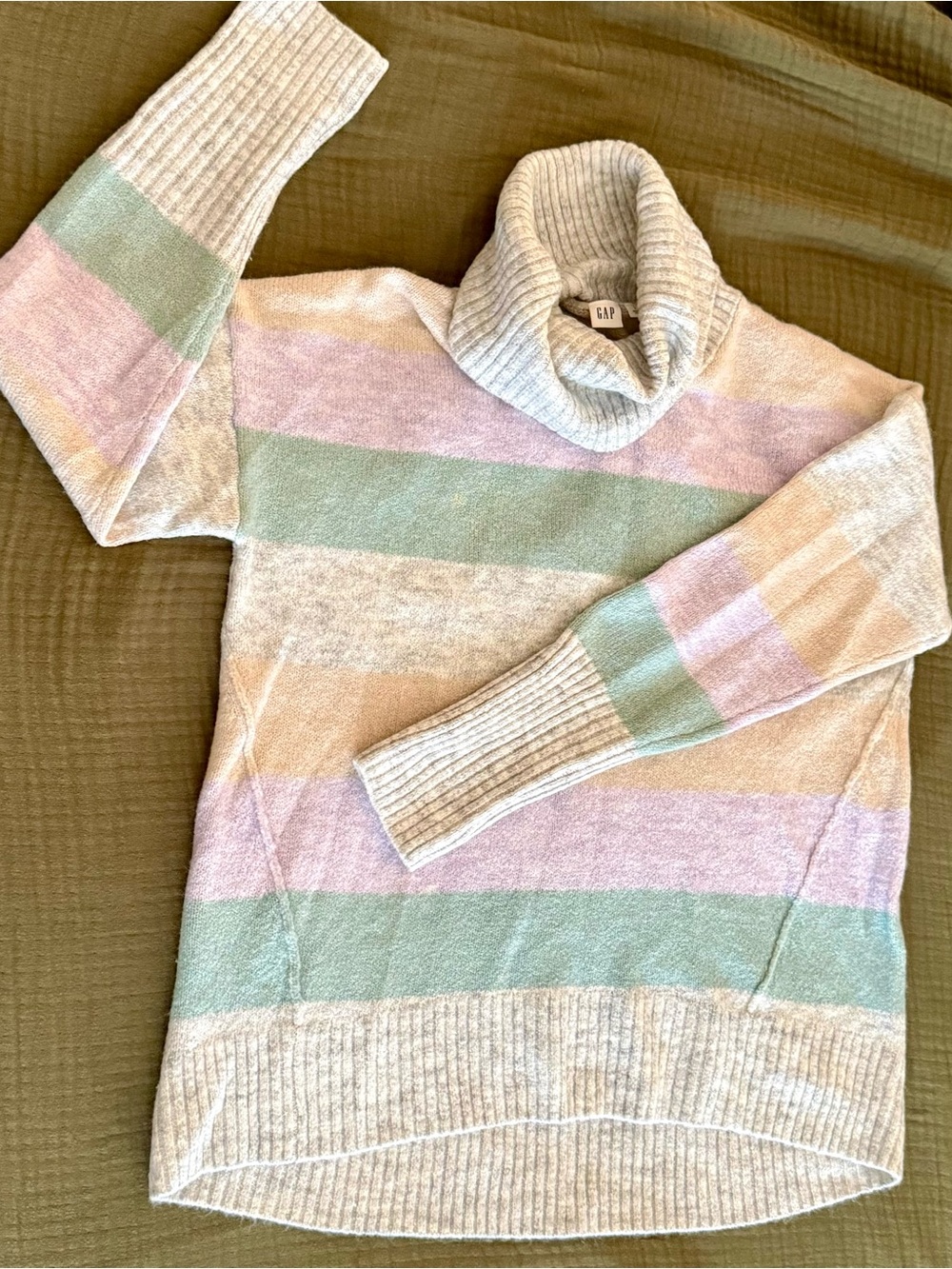 GAP Warm Grey Turtleneck Sweater with Soft Purple, Mint, and Peach Stripes